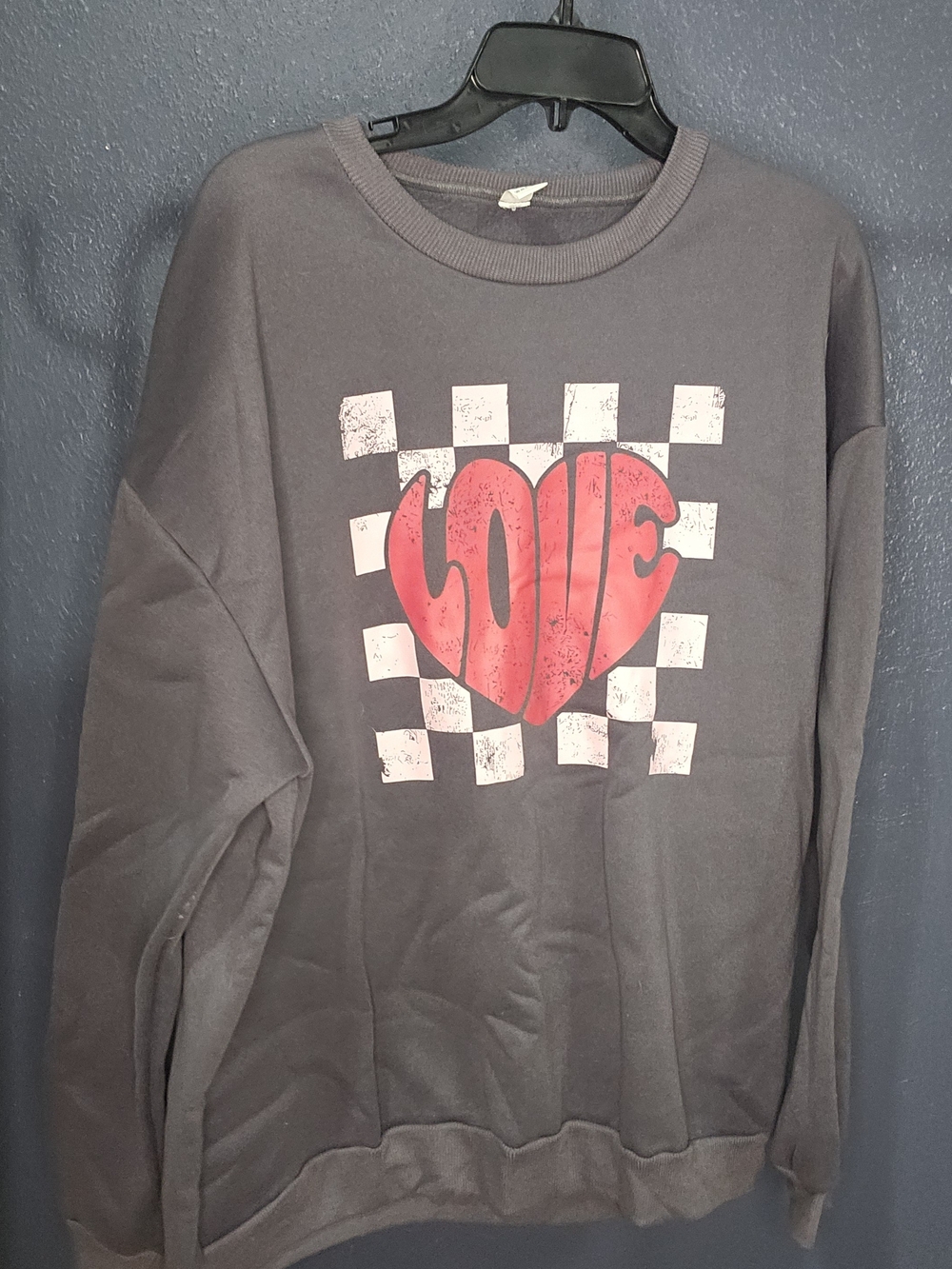 Gray Crewneck Sweatshirt with Red 'LOVE' Heart and Pink Graphic